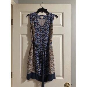 Coquille‎ Anthropologie Blue Ikat Geometric Belted Silk Sleeveless Dress Size 0
